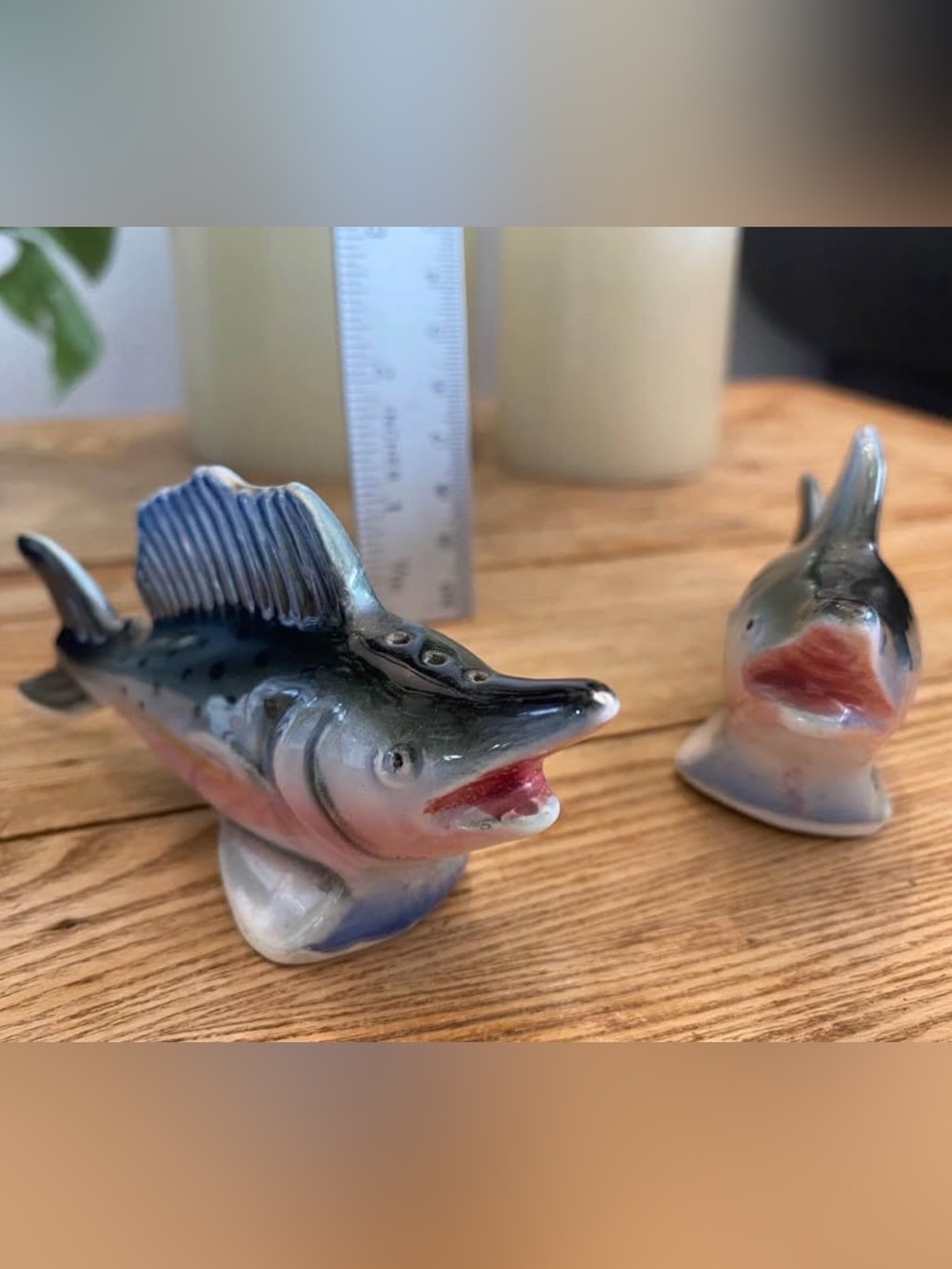 Vintage Fish Shaped Salt and Pepper Shakers Ceramic Sailfish Marlin Retro